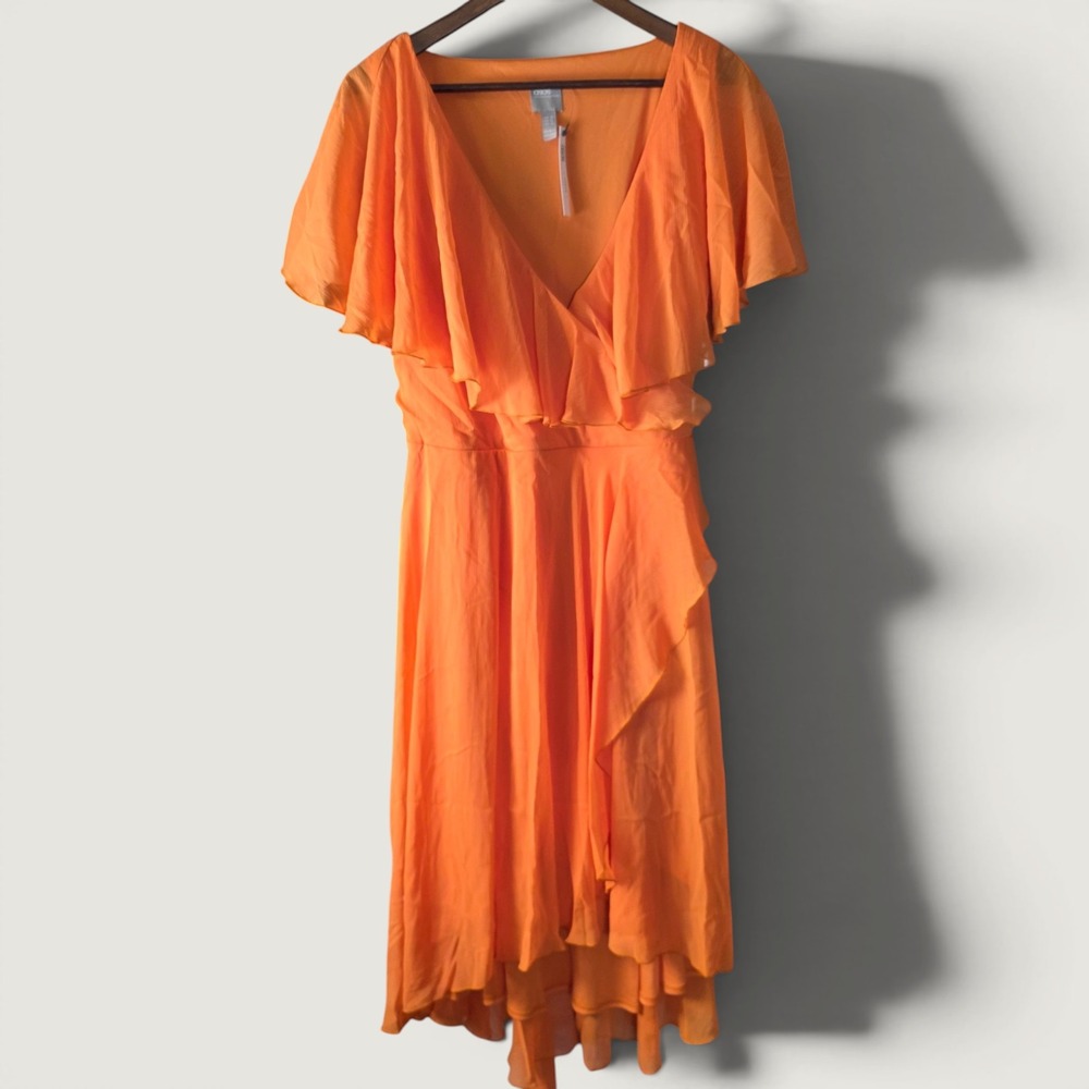 ASOS Curve Orange Ruffle Wrap Front High Low Midi Dress US 14 NWT
